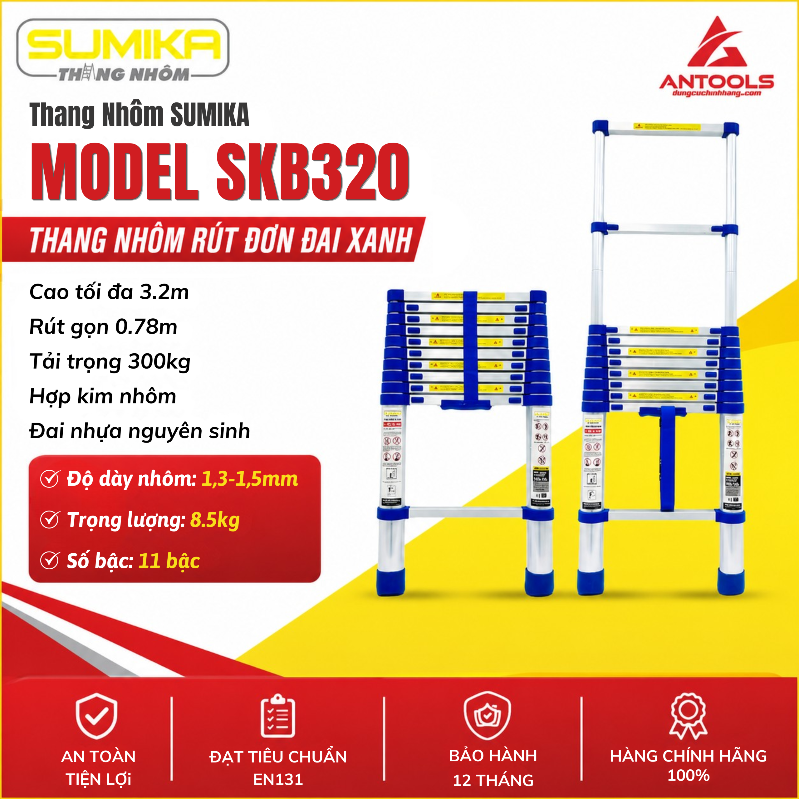 Thang Nhôm Rút Đơn Đai Xanh Cao 3m2 Sumika SKB320
