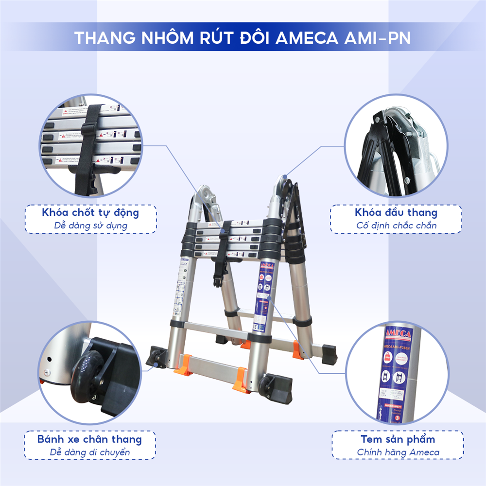 Thang Nhôm Rút/Xếp Đôi Cao 5m6 Ameca AMI-P560N, Tải Trọng 150kg