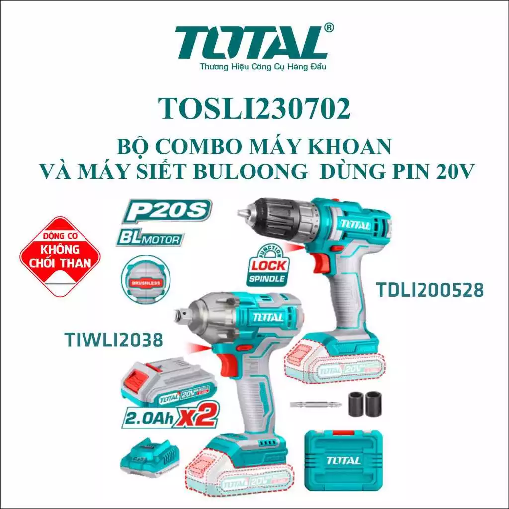 Bộ Combo Máy Khoan TDLI200528 Và Máy Siết Buloong TIWLI2038 Dùng Pin 20V