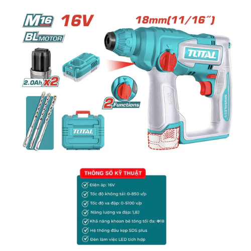 Máy Khoan Bê Tông Dùng Pin 16V Total TRHLI16168 (2 Pin 2.0Ah, 1 Sạc)