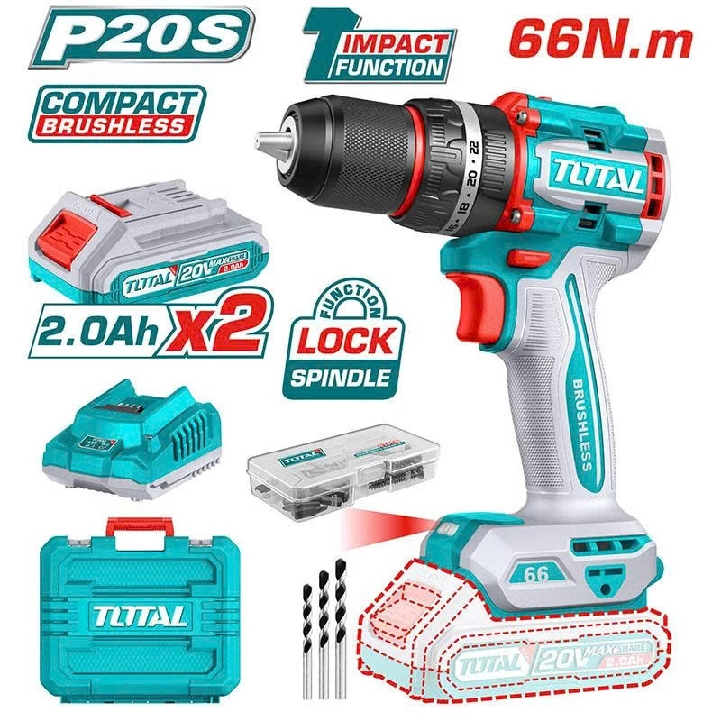 Máy Khoan Búa Dùng Pin 20V Total TDLI205582 (Động Cơ Không Chổi Than, 2 Pin 2.0Ah + 1 Sạc)