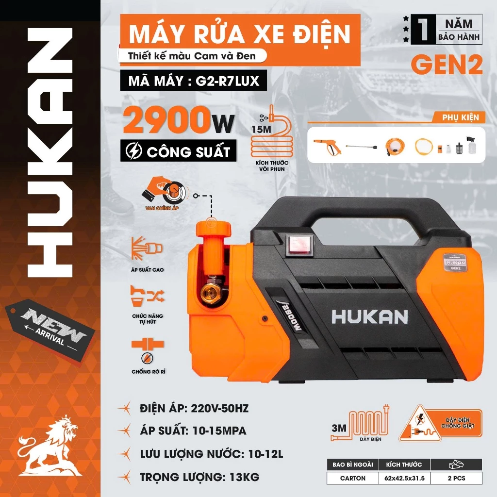 Máy Rửa Xe Chỉnh áp HUKAN G2-R7 LUX, 2900W, Động Cơ đồng, 150Bar, Có ÁT CHỐNG GIẬT