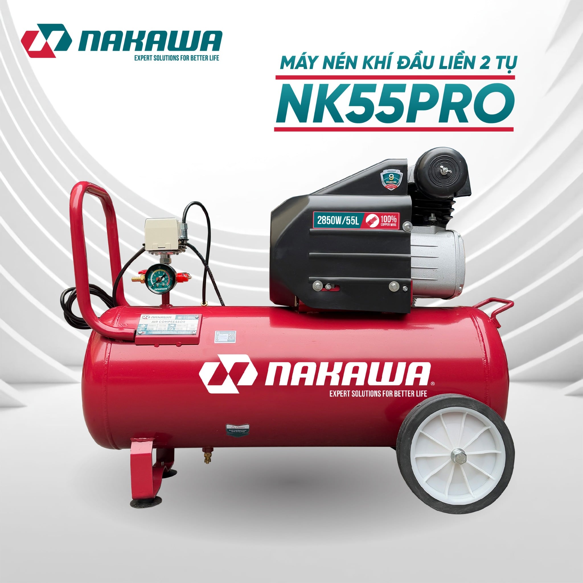Máy Nén Khí Có Dầu 55L Nakawa NK55PRO, Công Suất 3.8HP, Bảo Hành 9 Tháng Chính Hãng