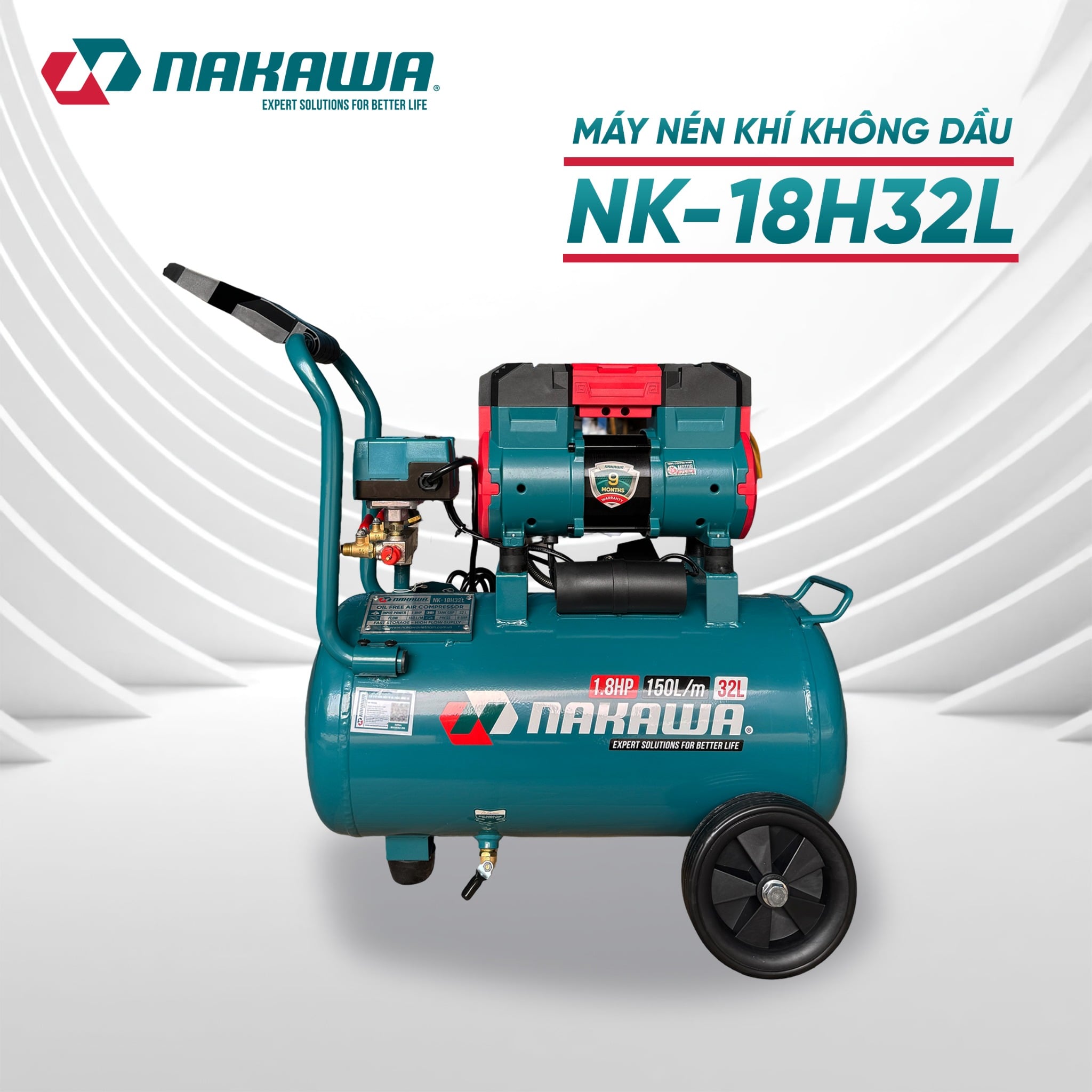 Máy Nén Khí Không Dầu 32L Nakawa NK-18H32L, Công Suất 1.8HP, Bảo Hành 9 Tháng Chính Hãng