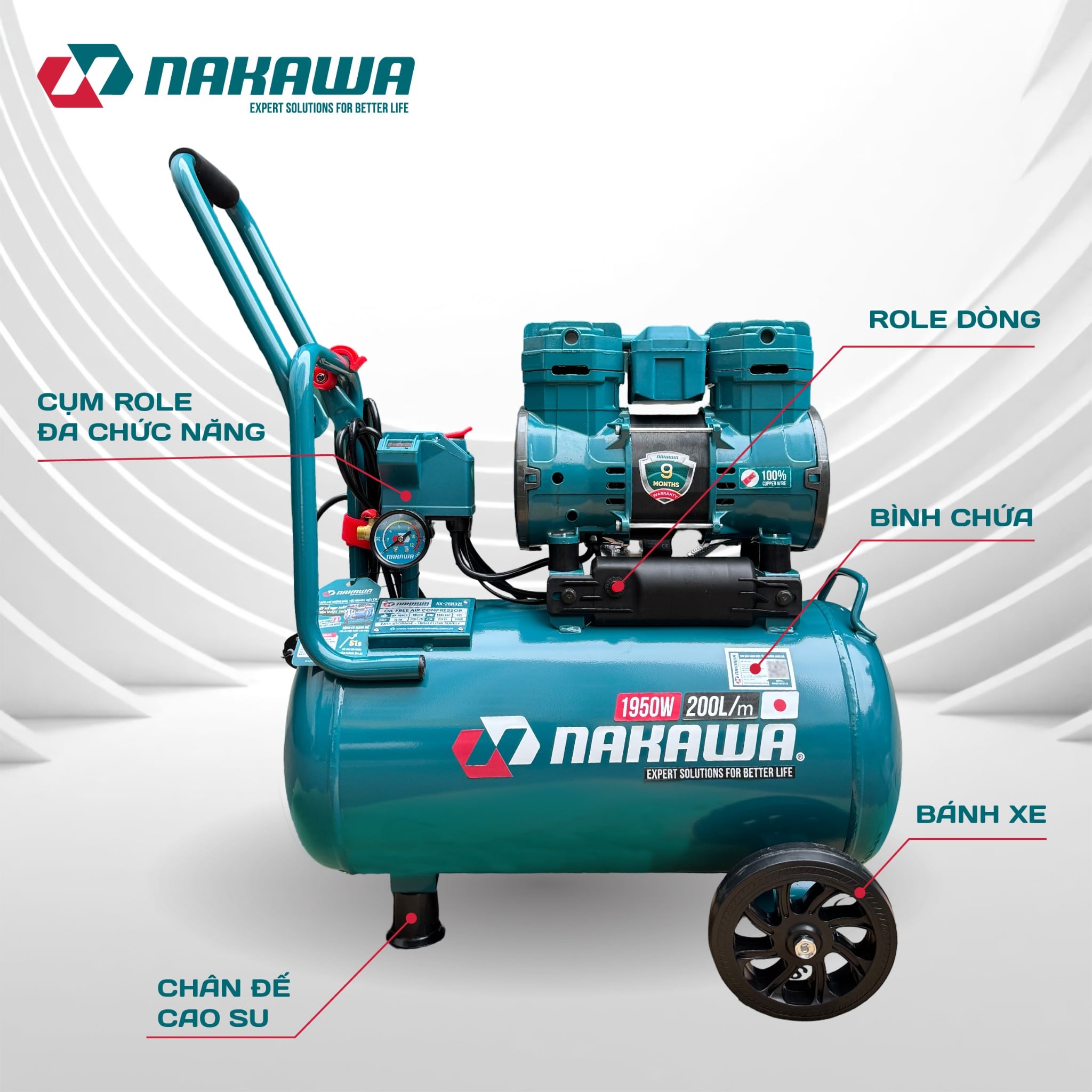 Máy Nén Khí Không Dầu 32L Nakawa NK-26H32L, Công Suất 2.6HP, Bảo Hành 9 Tháng Chính Hãng