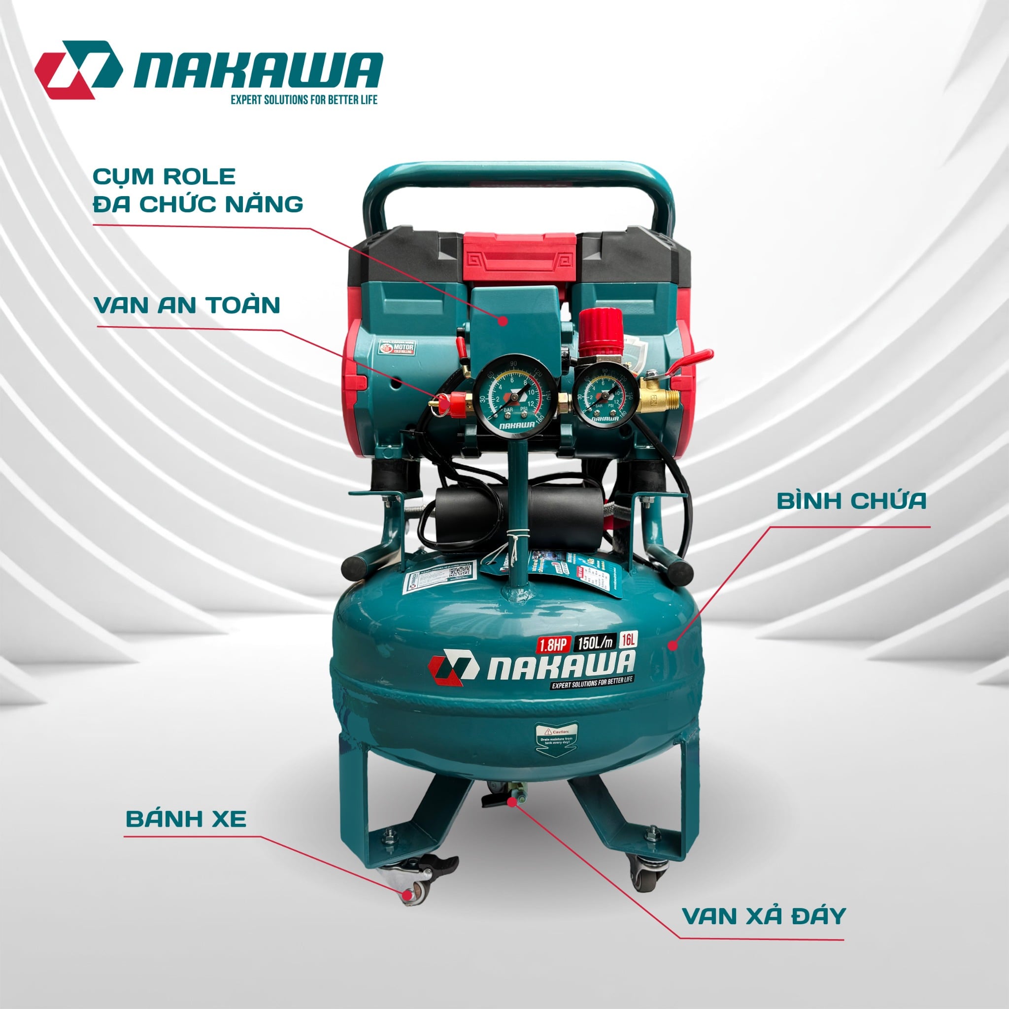 Máy Nén Khí Không Dầu 16L Nakawa NK-18H16L, Công Suất 1.8HP, Bảo Hành 9 Tháng Chính Hãng