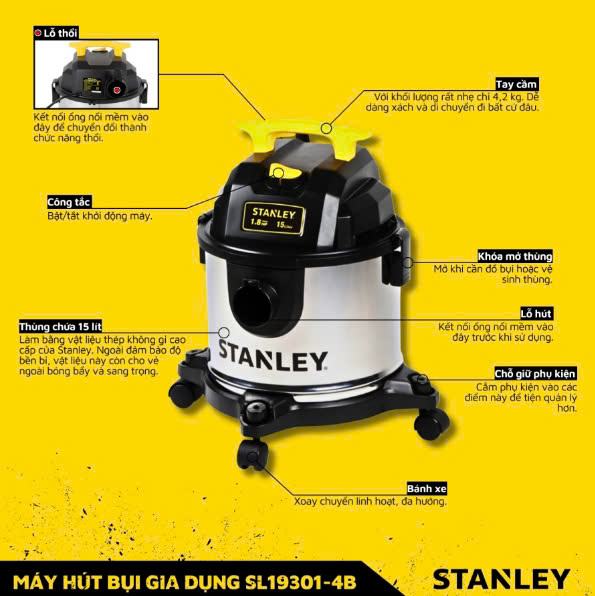 Máy Hút Bụi Gia Dụng Khô/Ướt/Thổi Stanley USA SL19301-4BA (4B)