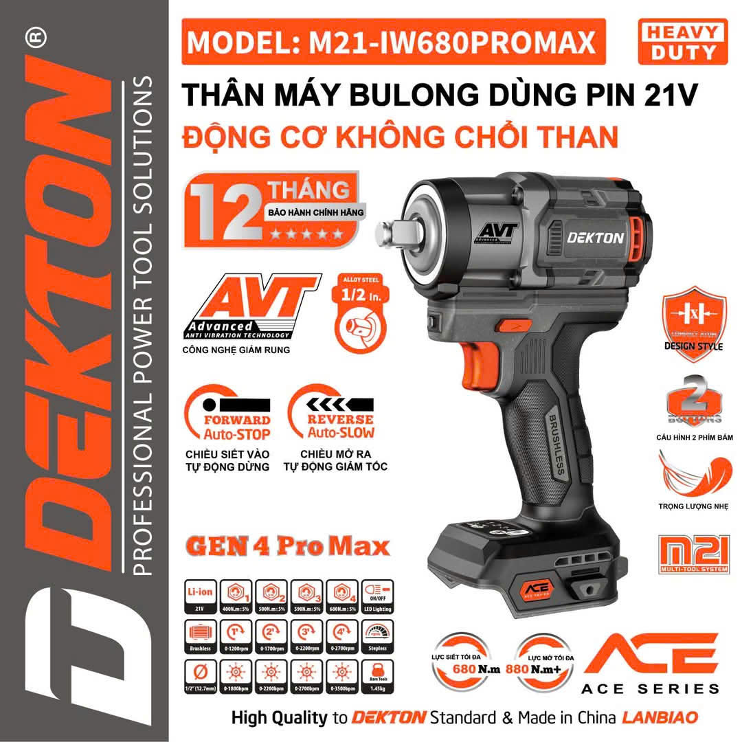 Máy Siết Bu Lông 680Nm Pin 21V DEKTON M21-IW680PROMAX Động Cơ Không Chổi Than