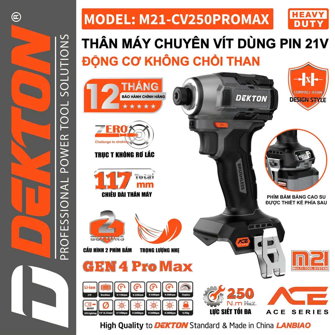 Máy Chuyên Vít Pin 21V Động Cơ Không Chổi Than DEKTON M21-CV250PROMAX