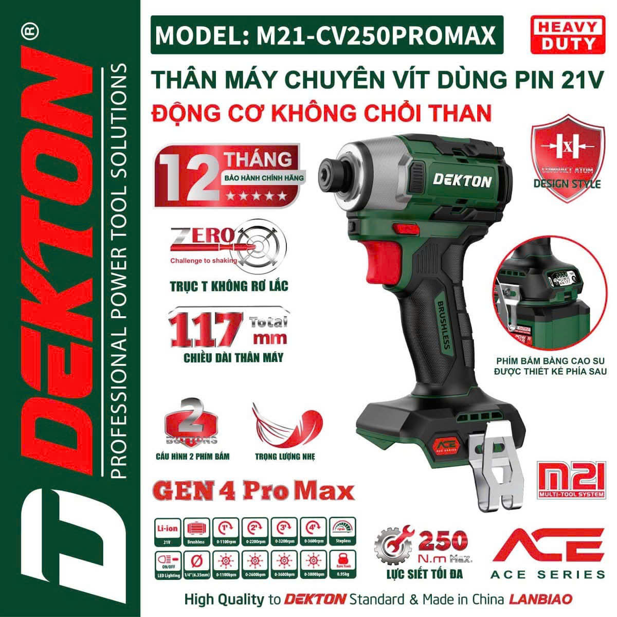 Máy Chuyên Vít Pin 21V Động Cơ Không Chổi Than DEKTON M21-CV250PROMAX