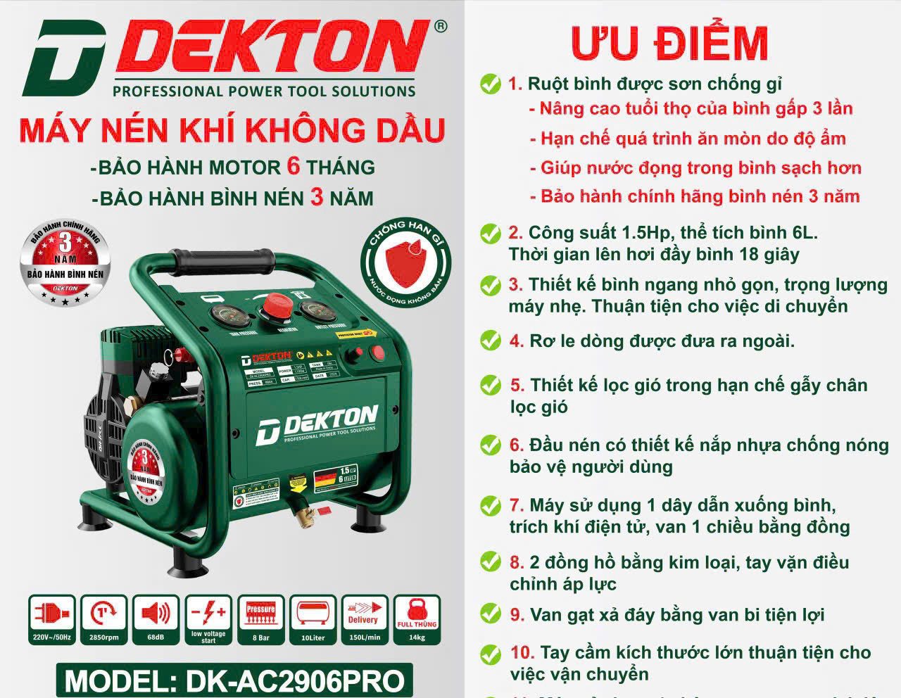 Máy Nén Khí Không Dầu Dekton 6L DK-AC2906PRO 1.5hp Giá Tốt