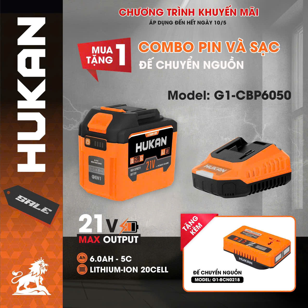 COMBO Pin Sạc Hukan G1-CBP6050 Pin 20 Cells 6Ah Và Sạc 1.5Ah, Chân Pin Phổ Thông, Bảo Hành 6 Tháng