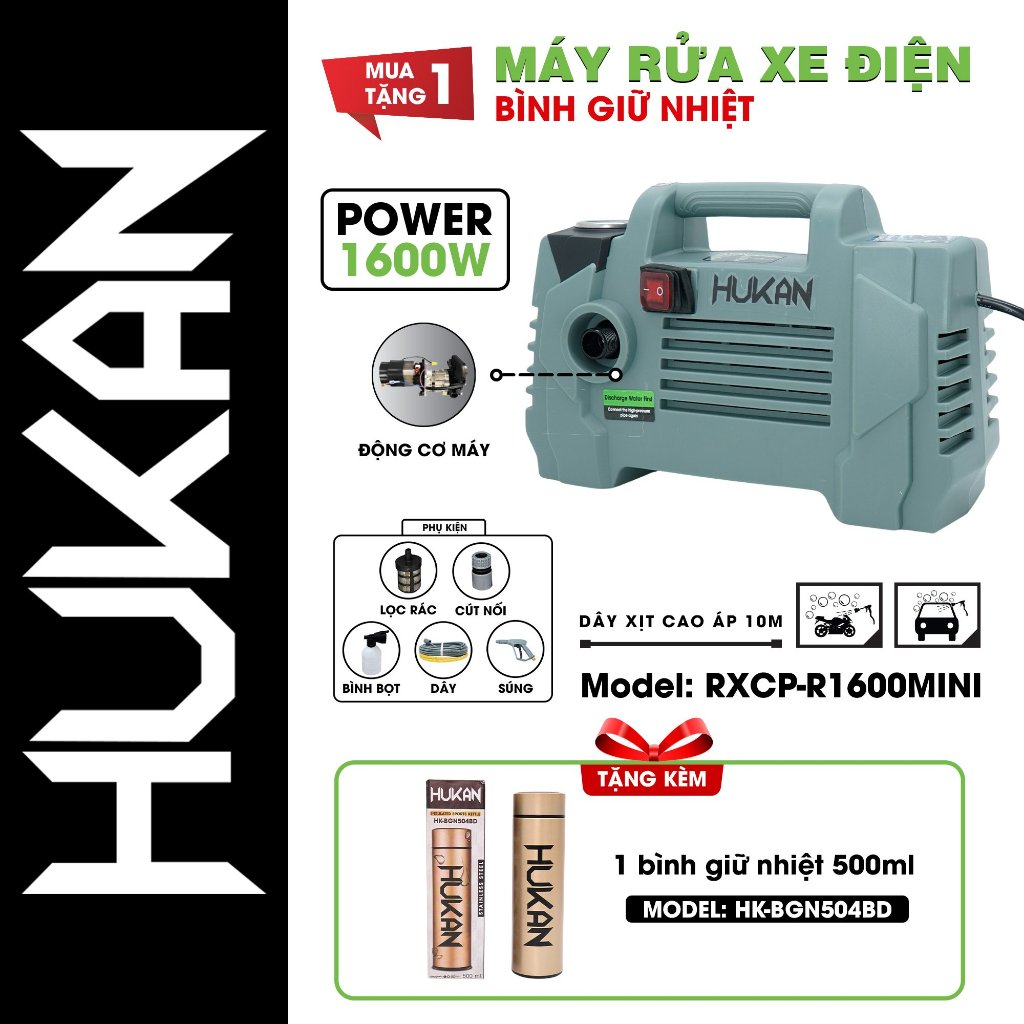 Máy rửa xe áp lực HUKAN RXCP-R1600MINI, Tặng BGN504BD Công Suất 1600W, Thiết kế hiện đại nhỏ gọn