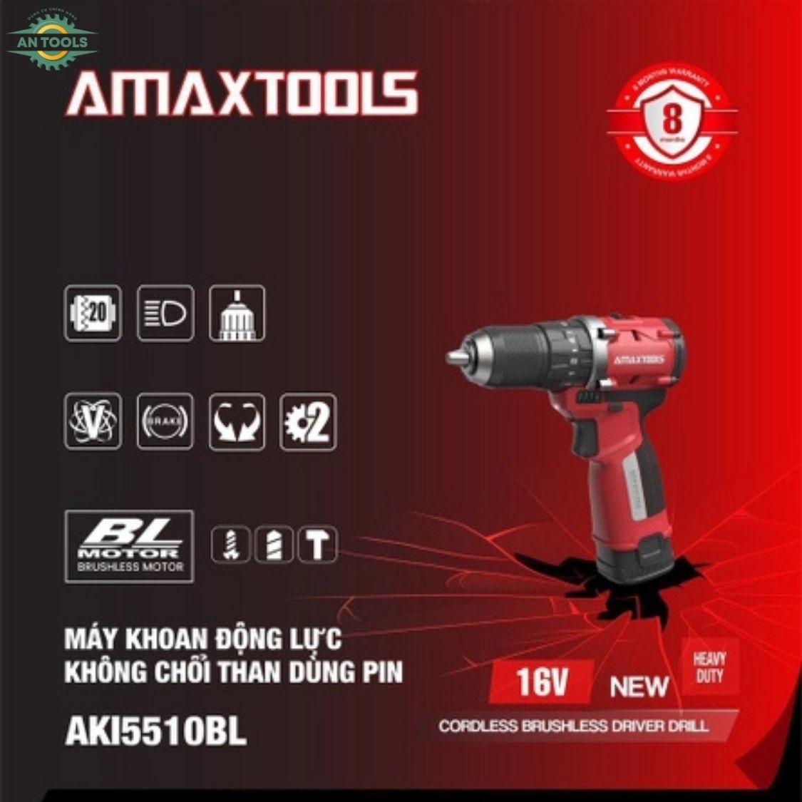 [ANTOOLS] Amaxtools Máy khoan AKI5510BL (2 pin + 1 sạc)