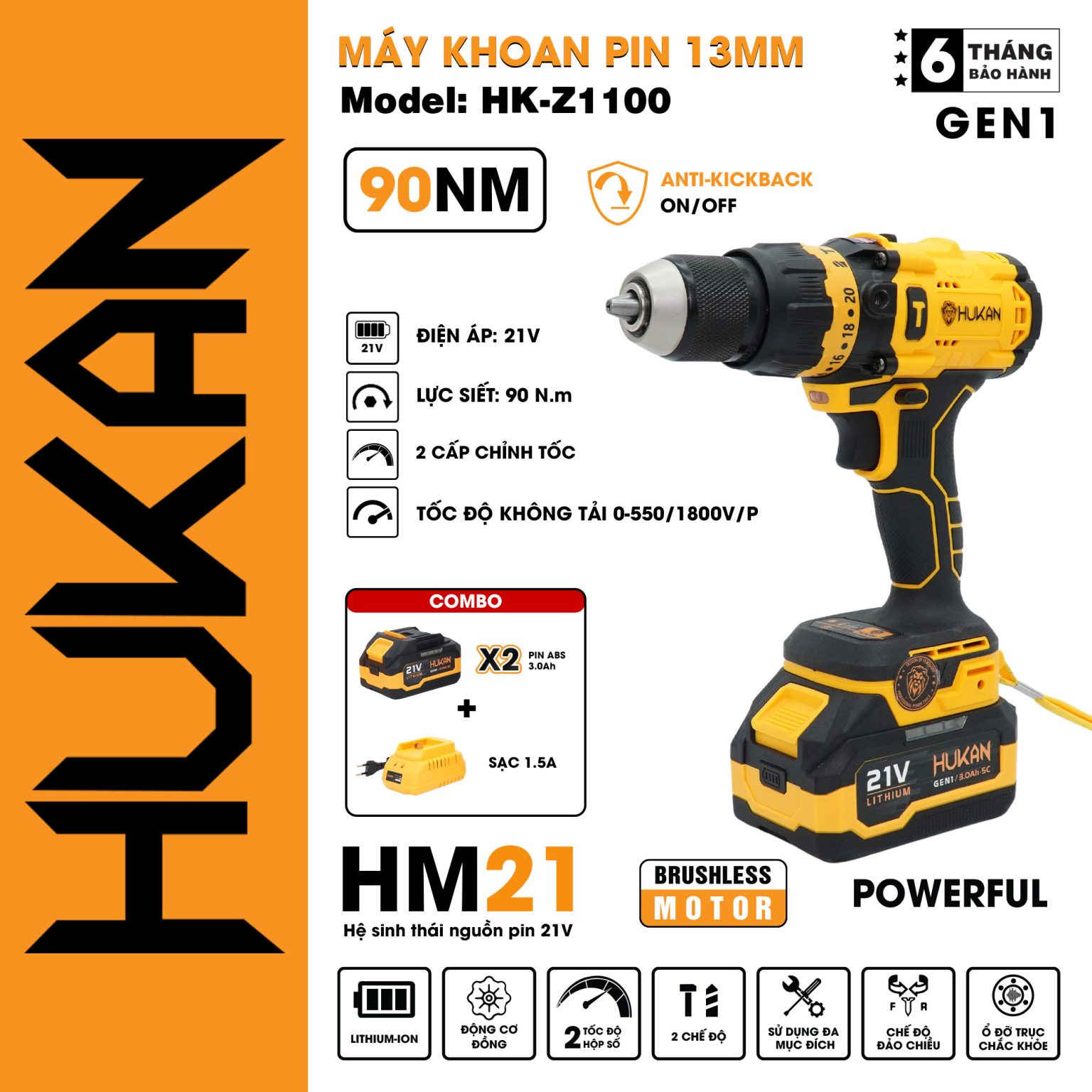 Máy khoan pin 13MM (đầu autolock) HUKAN HK-Z1100 | AN TOOLS