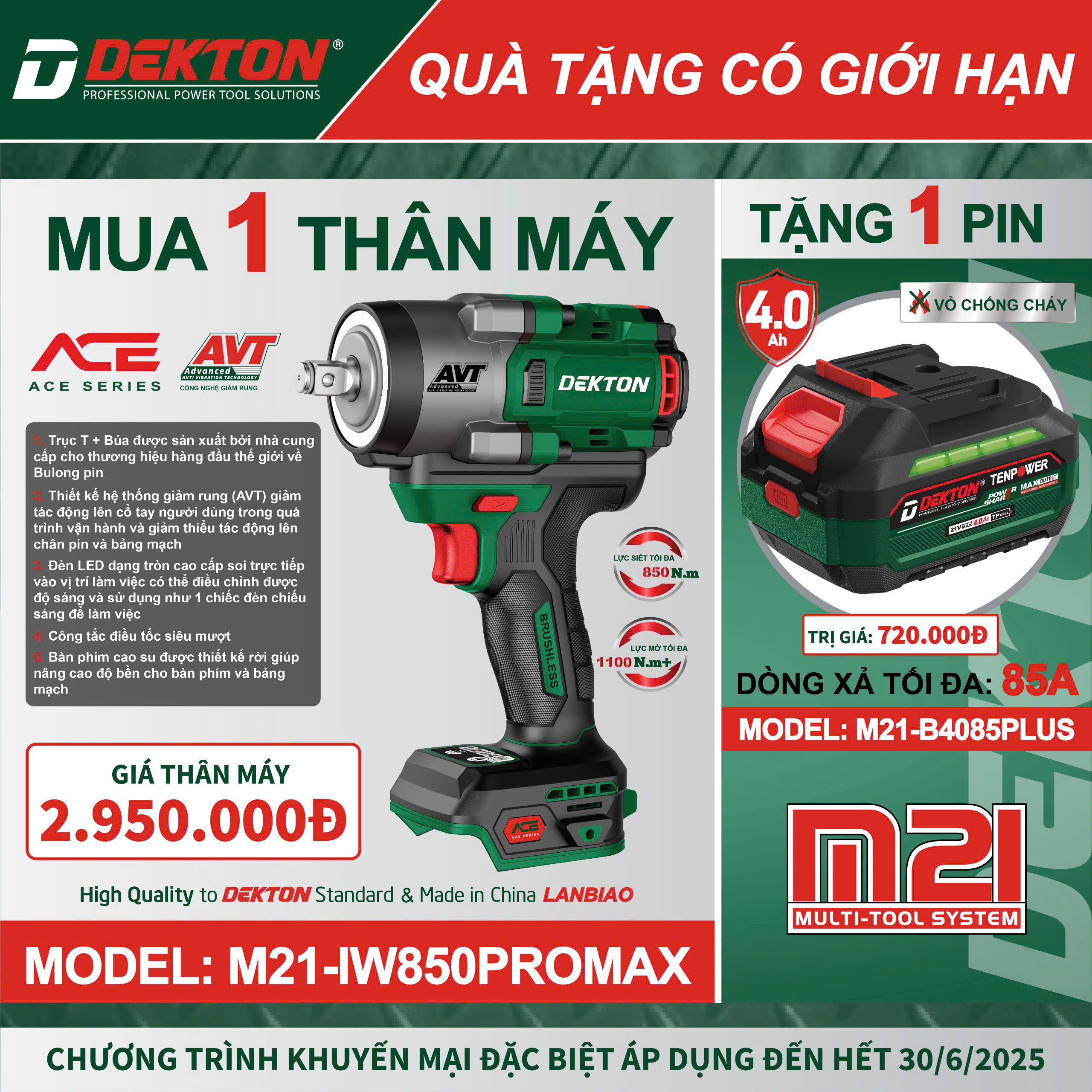 Máy siết bulong Dekton M21-IW850PROMAX Xanh