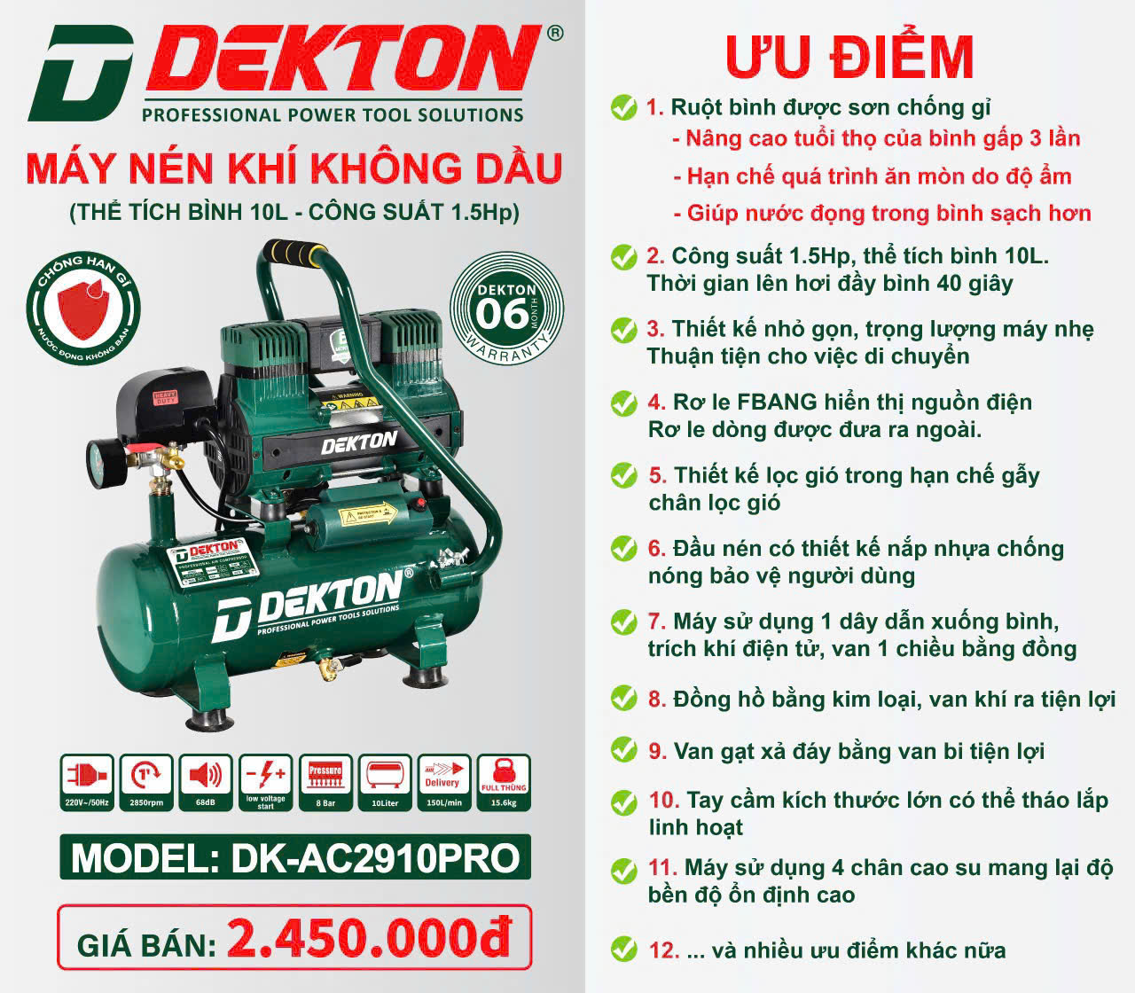 Máy nén khí DEKTON không dầu 10L DK-AC2910PRO