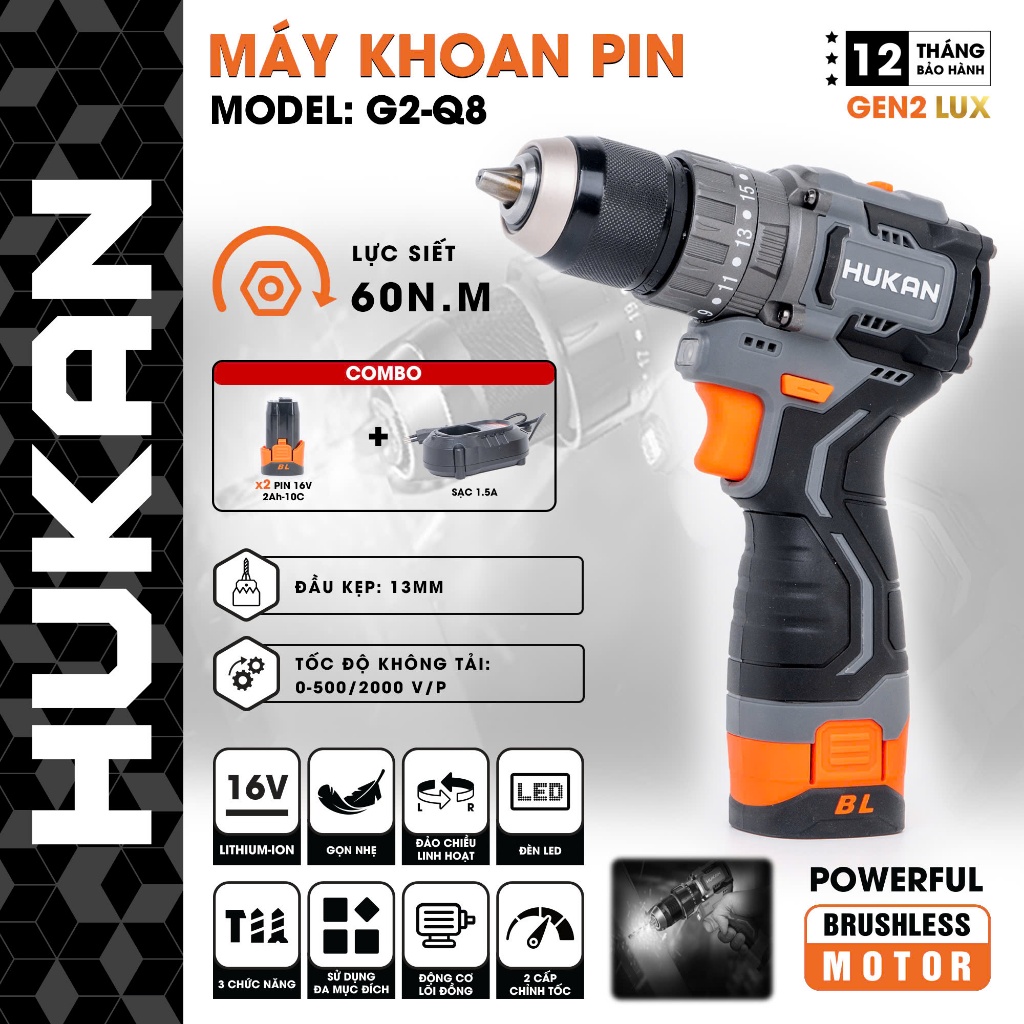 Máy khoan pin HUKAN G2-Q8, Không chổi than 60Nm 3 Chức năng 13mm Có khóa trục 20 cấp trượt