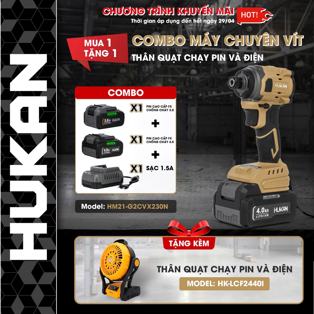 Máy chuyên vít pin Hukan HM21-G2CVX230N, 4 Tốc độ, Không chổi than, Lực siết 230Nm