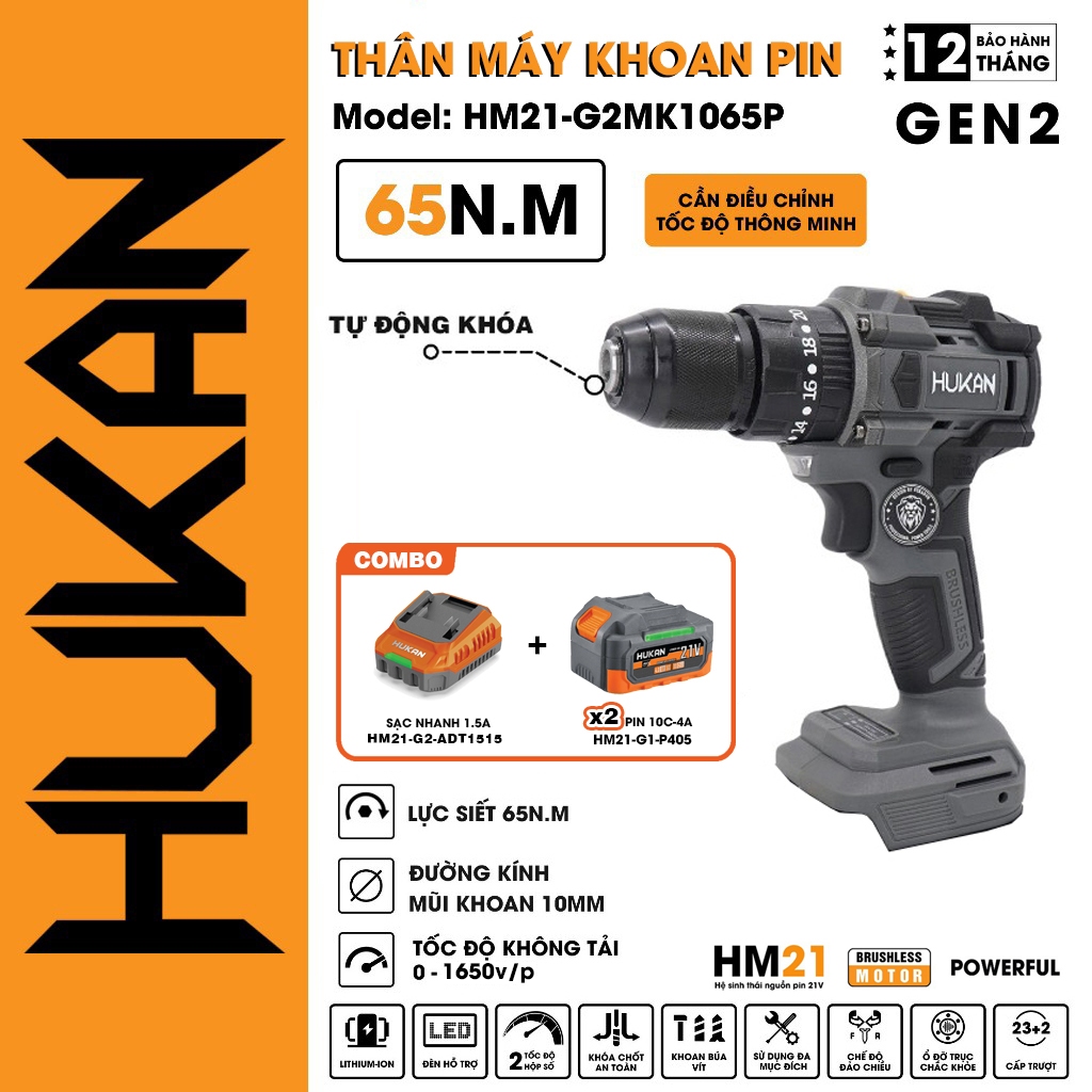 Máy khoan pin HUKAN HM21-G2MK1065P, 3 chức năng,10mm, Lực siết 65Nm, Có khóa trục