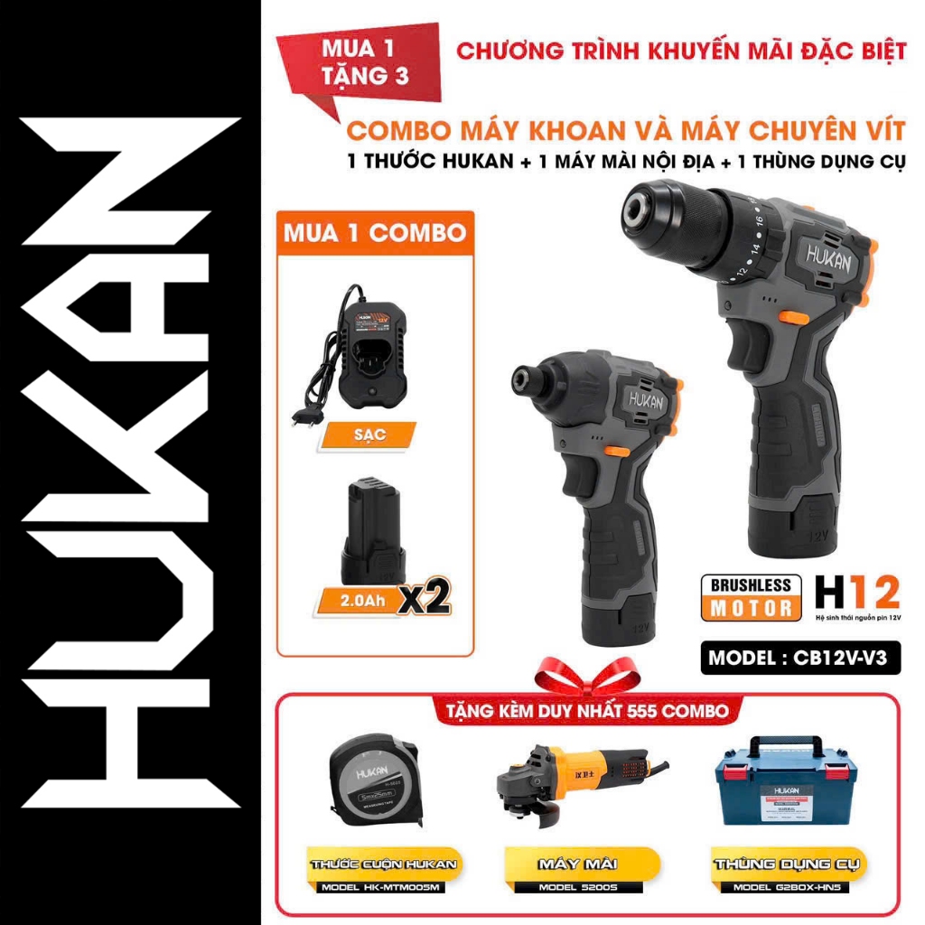 Combo máy khoan pin + máy bắn vít pin HUKAN CB12V-V3, TẶNG MTM005M+5200S+G2BOX-HN5