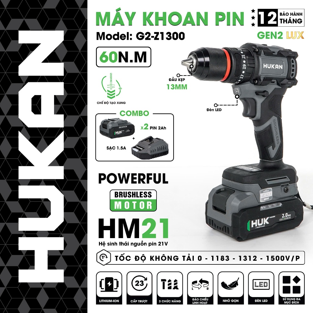 Máy khoan pin HUKAN G2-Z1300, Không chổi than, 60Nm, 3 chức năng 13 ly, Có khóa trục CÓ TẠO XUNG