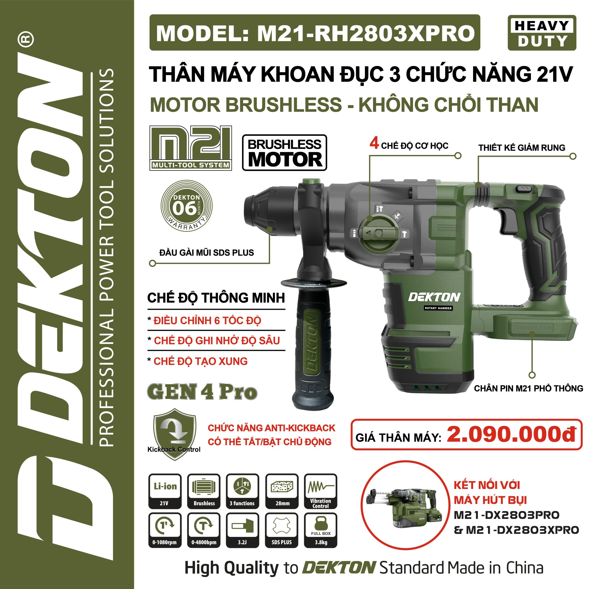Thân máy khoan đục bê tông 3 chức năng Dekton M21-RH2803XPRO xanh oliu
