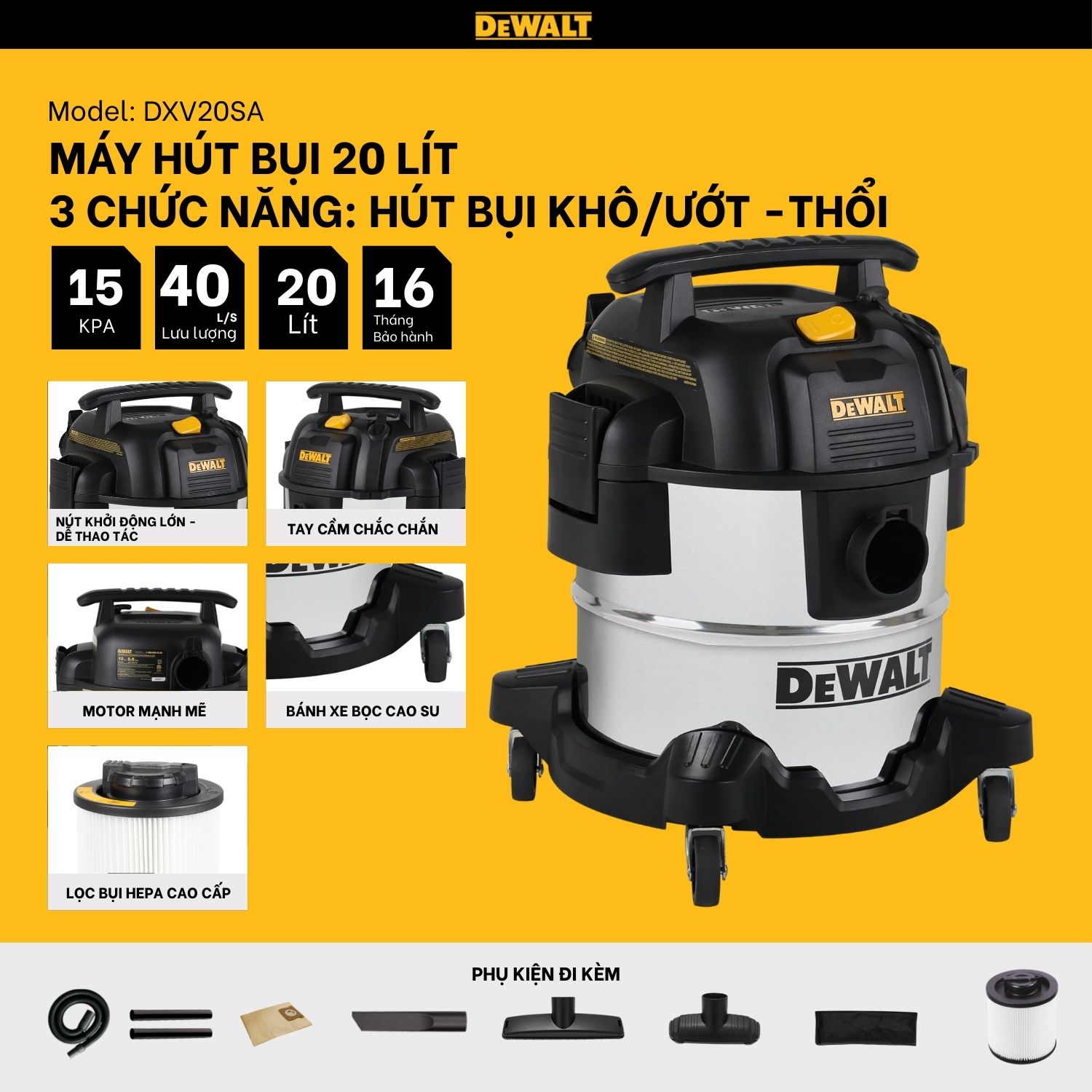 Dewalt DXV20SA – 20 lít – 15Kpa