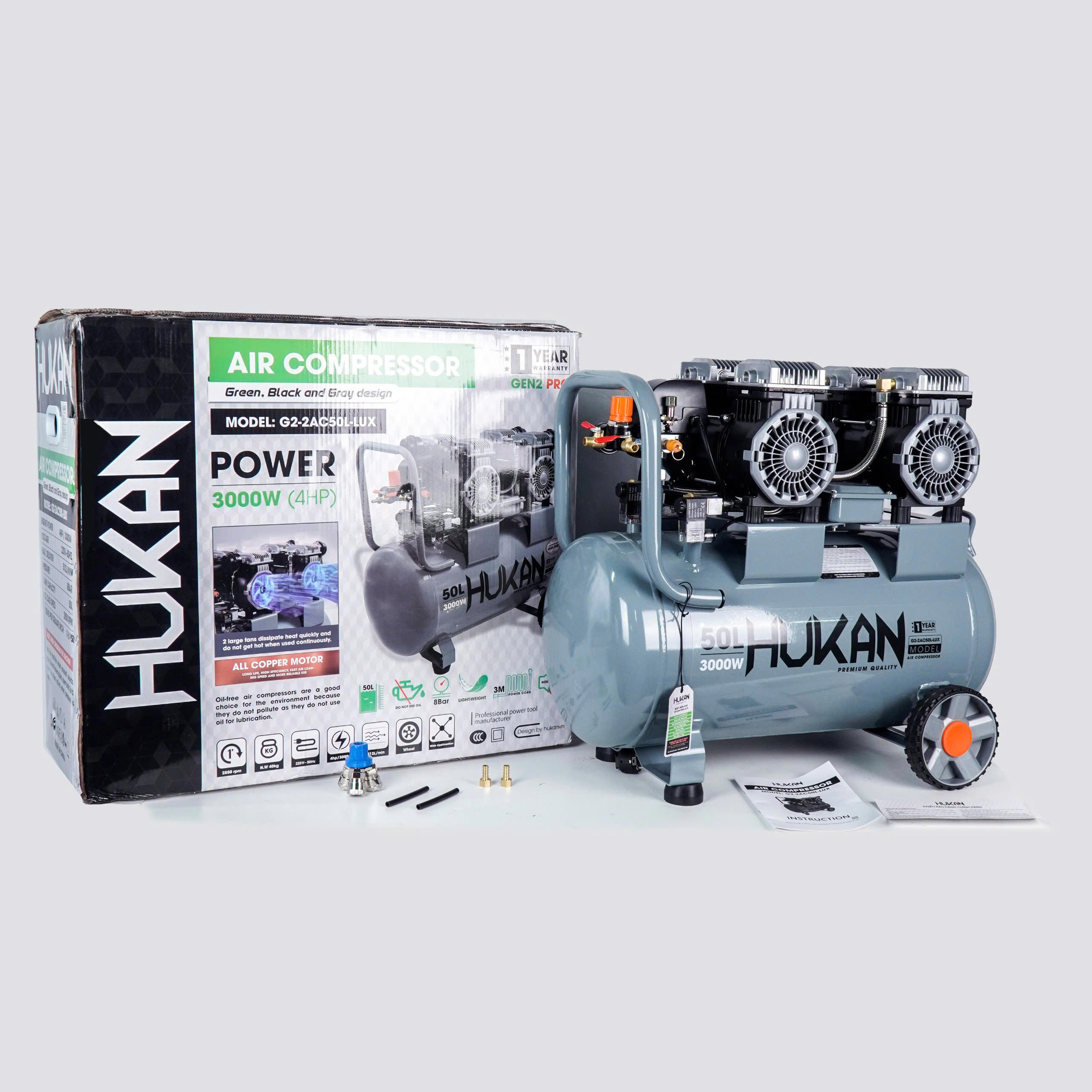 Máy nén khí không dầu bình 50 lít, Công suất 3HP, GEN2 PRO G2-2AC50L-LUX