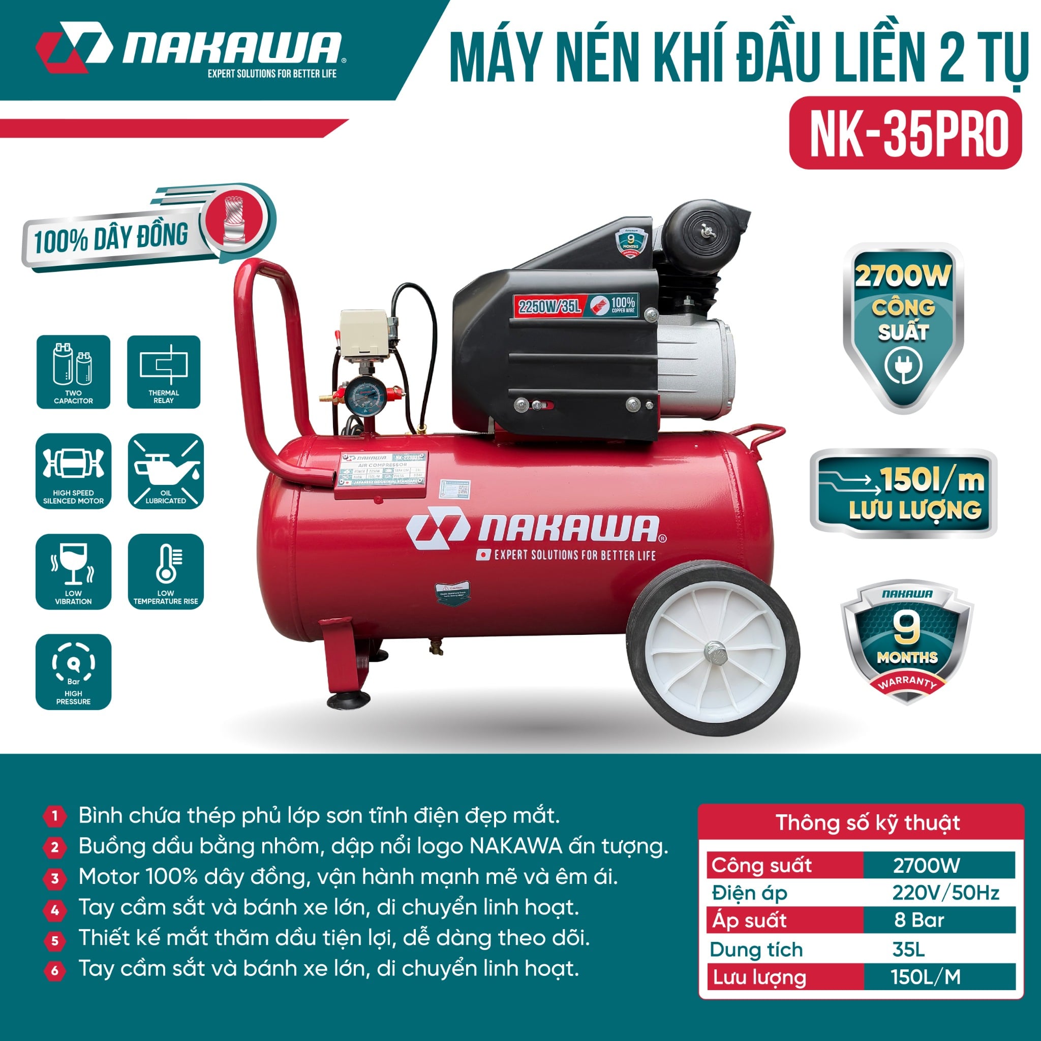 Máy Nén Khí đầu liền 2 tụ NAKAWA NK35PRO