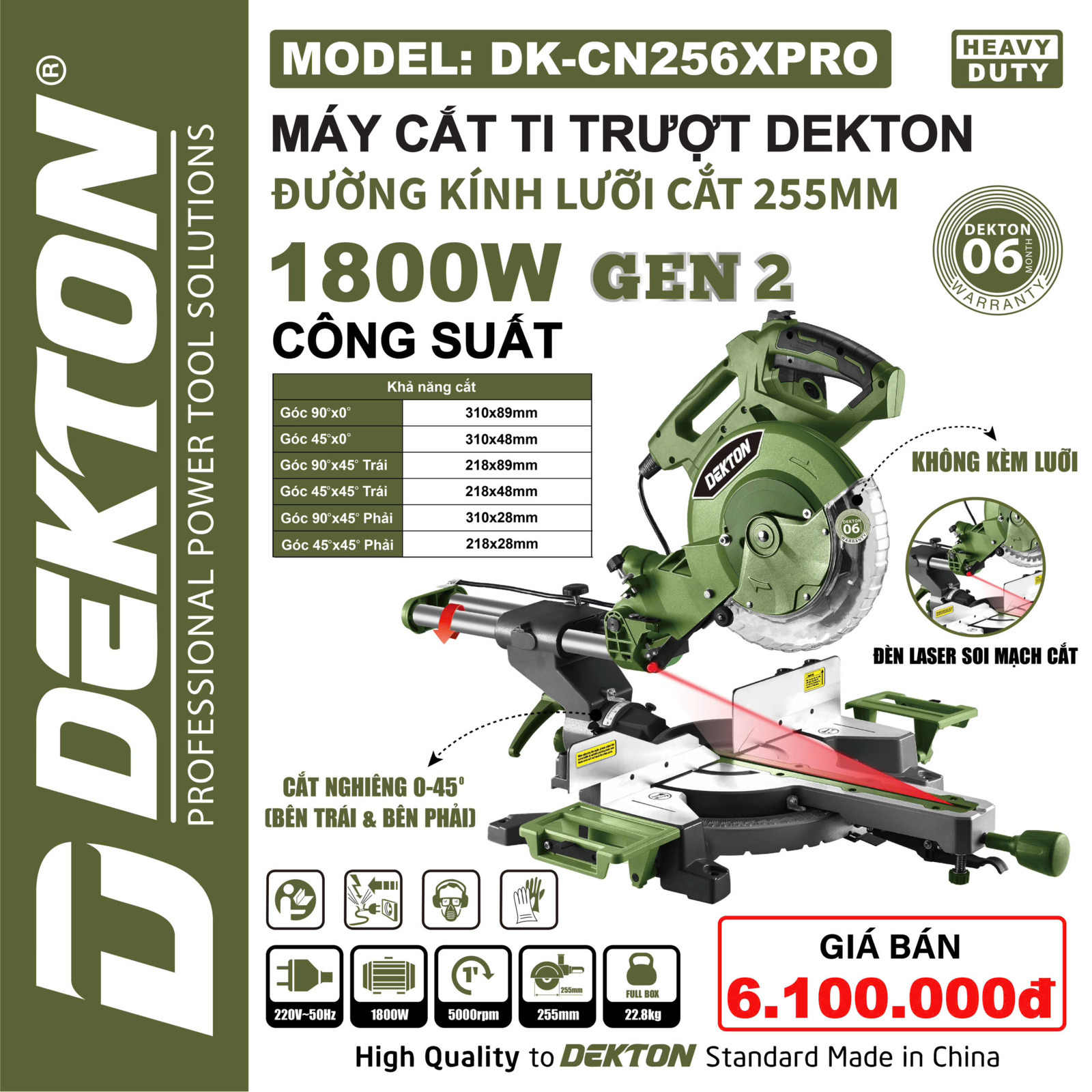 Máy Cắt Nhôm Ti Trượt 255MM 1800W Dekton DK-CN256XPRO