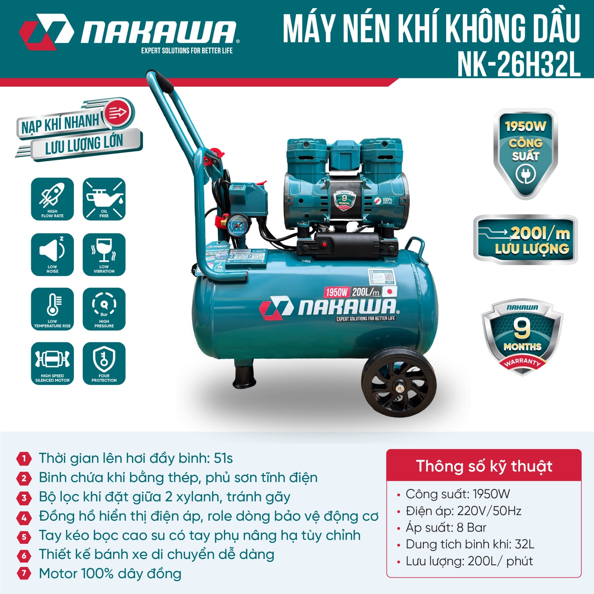 Máy nén khí không dầu, tốc nhanh, siêu êm NK-26H32L - 32 lít