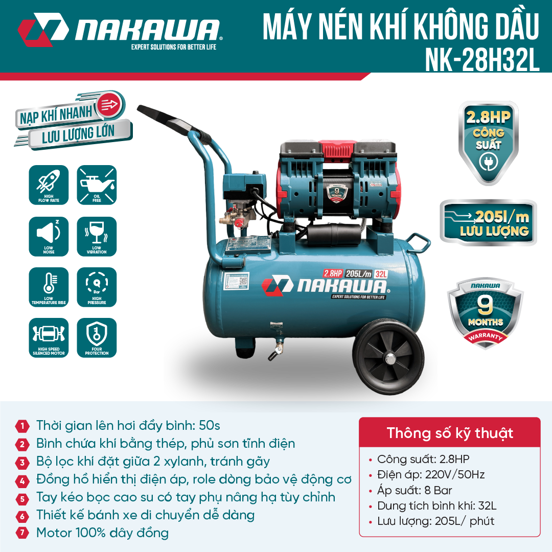 Máy nén khí không dầu, tốc nhanh, siêu êm NK-28H32L - 32 lít