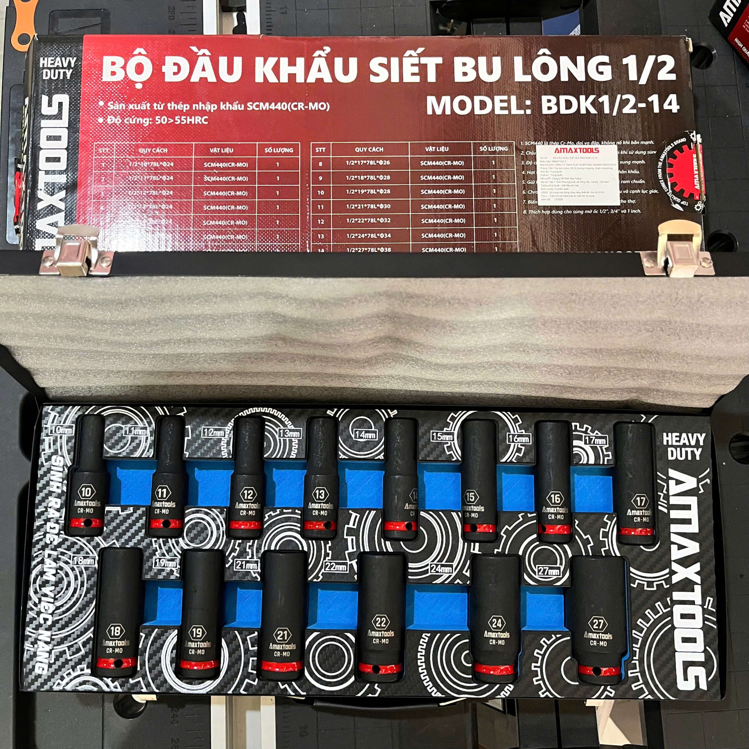 Bộ túy dùng cho máy bu lông 14 món 1/2" Amaxtools BDK1/2-14
