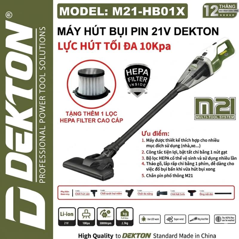 Máy Hút Bụi Dùng Pin 21V 10Kpa Dekton M21-HB01X