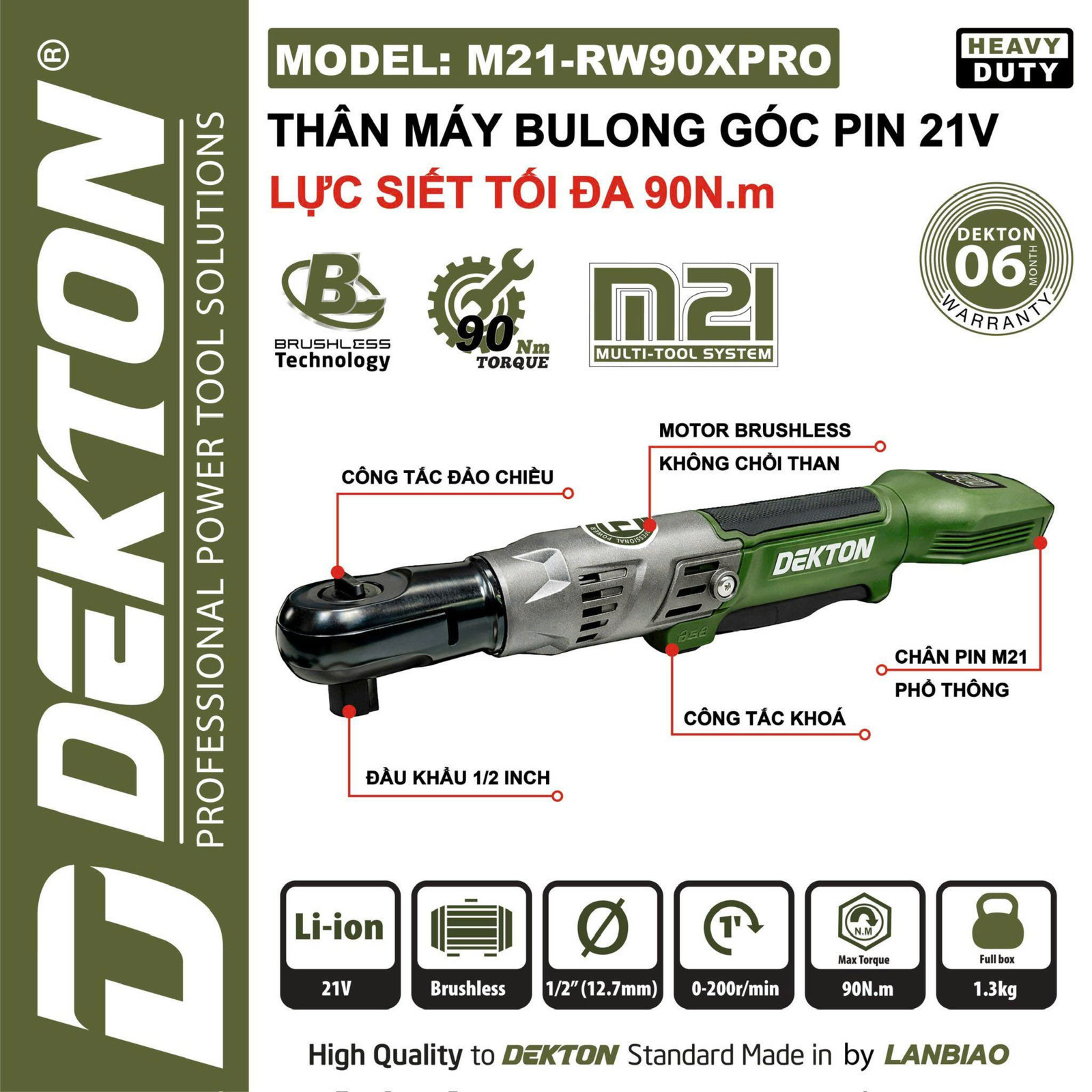 Máy Siết Bu Lông Góc Pin 21V 90N.m Dekton M21-RW90XPRO