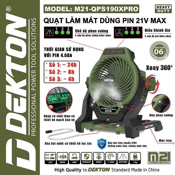 Quạt Dùng Pin 21V 7.5m/s Dekton M21-QPS190XPRO
