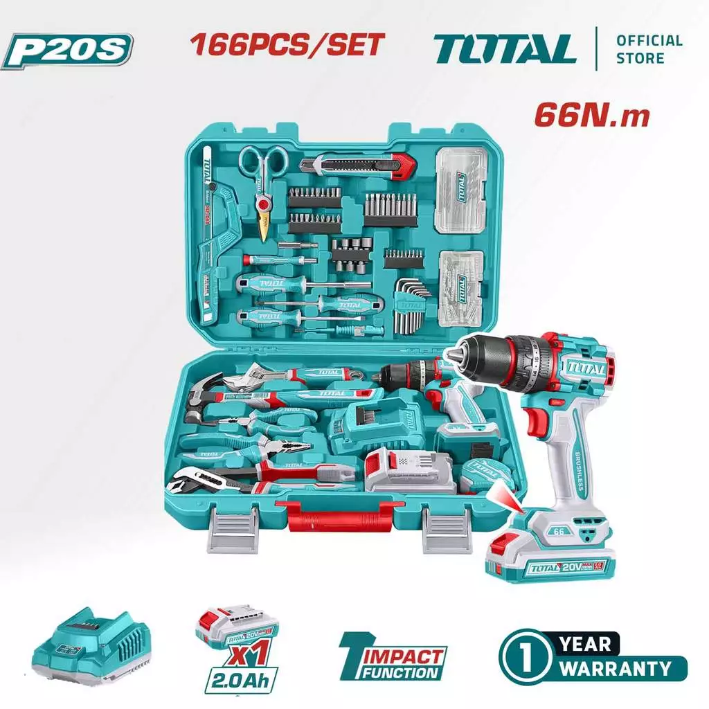 Bộ 166 món bao gồm máy khoan búa TIDLI206681 không chổi than dùng pin 20V